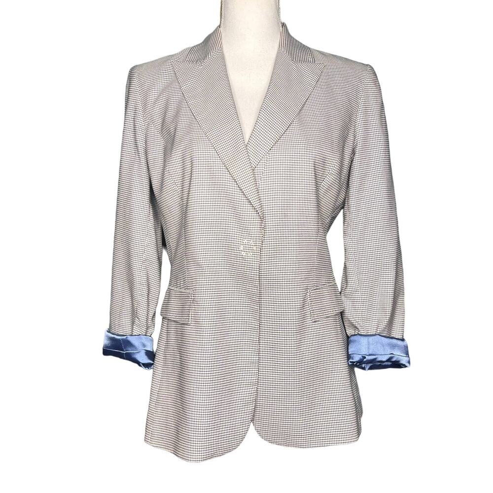 Tahari Windowpane Blazer Jacket Size 8 White Blue Snap Closure Single Breasted